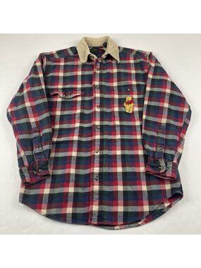 Disney Winnie The Pooh Flannel Shirt Men’s S Plaid Button Up Corduroy Collar